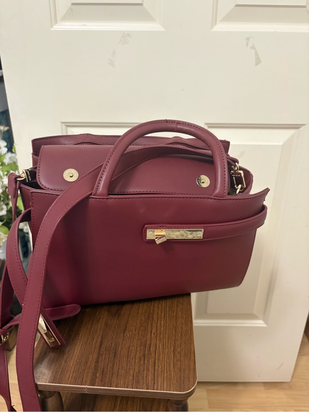 Anne Klein Burgundy Satchel with Gold Hardware